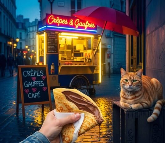 Paris Street Food Tour: Hidden Gems Only Locals Know A hand holds a Nutella crepe next to a cat.