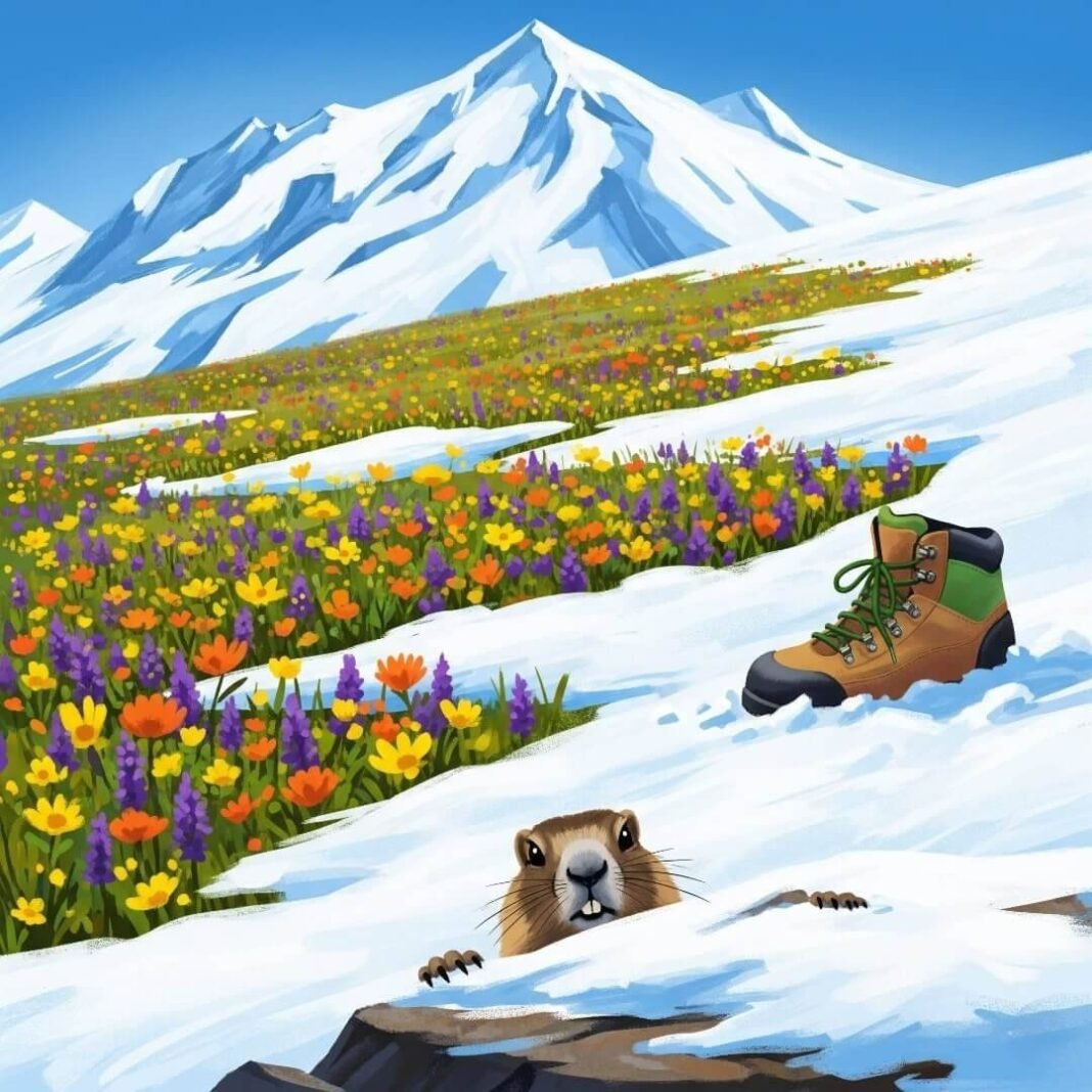 Impressionistic alpine meadow, wildflowers, snowy peak, lost boot, peeking marmot.