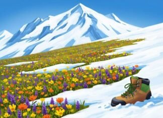 Alps Hiking in Summer Vs Winter: Which Is Better? Impressionistic alpine meadow, wildflowers, snowy peak, lost boot, peeking marmot.