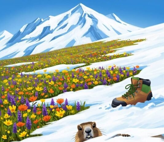 Alps Hiking in Summer Vs Winter: Which Is Better? Impressionistic alpine meadow, wildflowers, snowy peak, lost boot, peeking marmot.