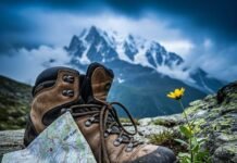 The Most Scenic Alps Hiking Trails Near Chamonix Muddy hiking boot, map, and wildflower with Mont Blanc under stormy sky.