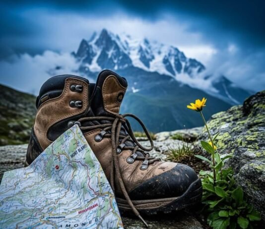 The Most Scenic Alps Hiking Trails Near Chamonix Muddy hiking boot, map, and wildflower with Mont Blanc under stormy sky.
