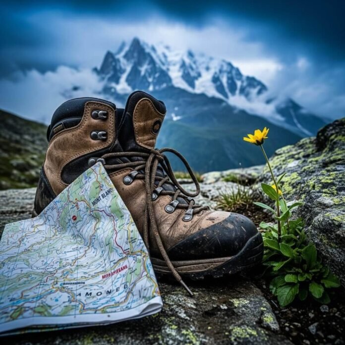 Muddy hiking boot, map, and wildflower with Mont Blanc under stormy sky.