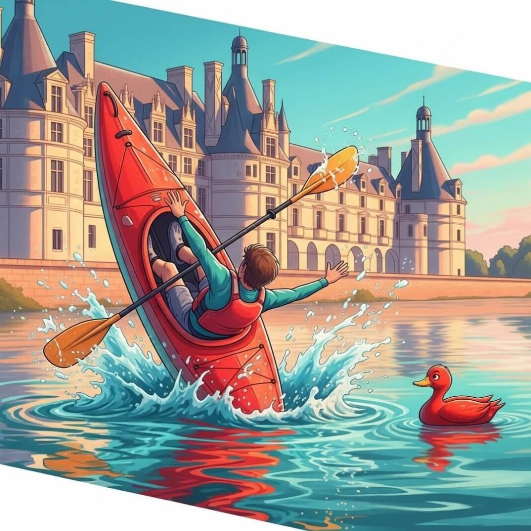 Red kayak, man flailing, château, red duck, wavy Loire.