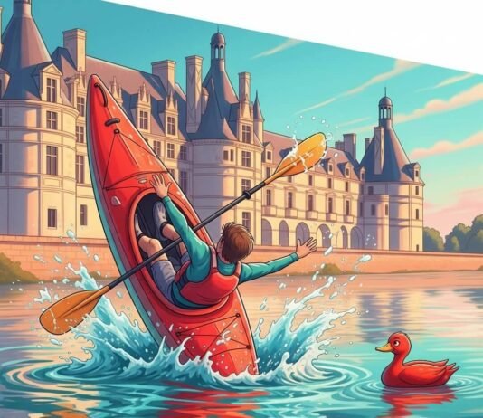 Kayaking the Loire: France’s Hidden River Adventure Red kayak, man flailing, château, red duck, wavy Loire.