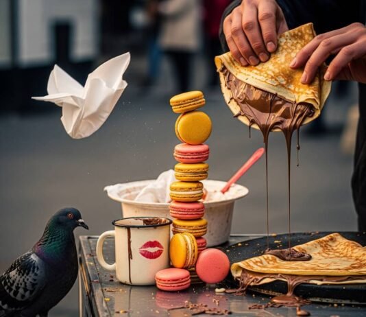 10 Paris Street Foods You Can’t Leave Without Tasting A vendor folding a Nutella crepe with a pigeon nearby.