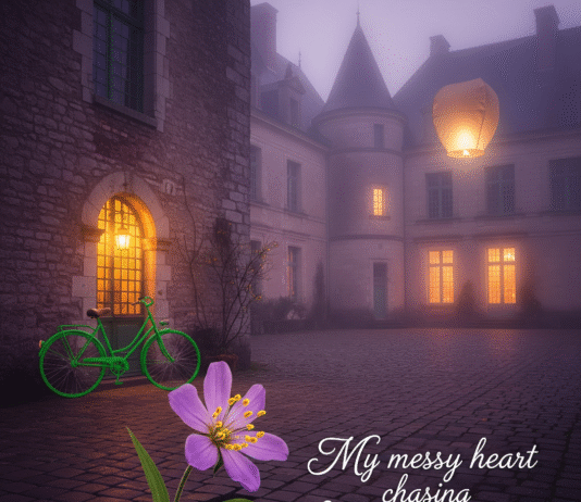 Hidden Loire Castles You Can Stay Overnight In Misty castle, glowing windows, bicycle, flower, lantern.