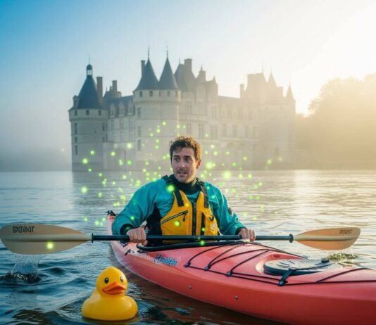 Top 7 Loire Kayaking Routes for Beginners A nervous kayaker with a rubber duck near a misty château.