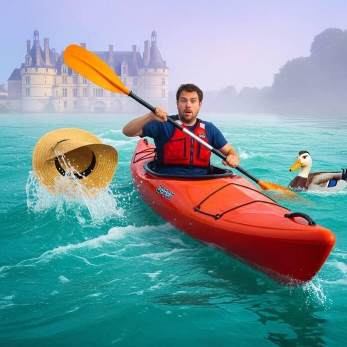 A man kayaks nervously down a river, losing his hat, with a chateau in the background.