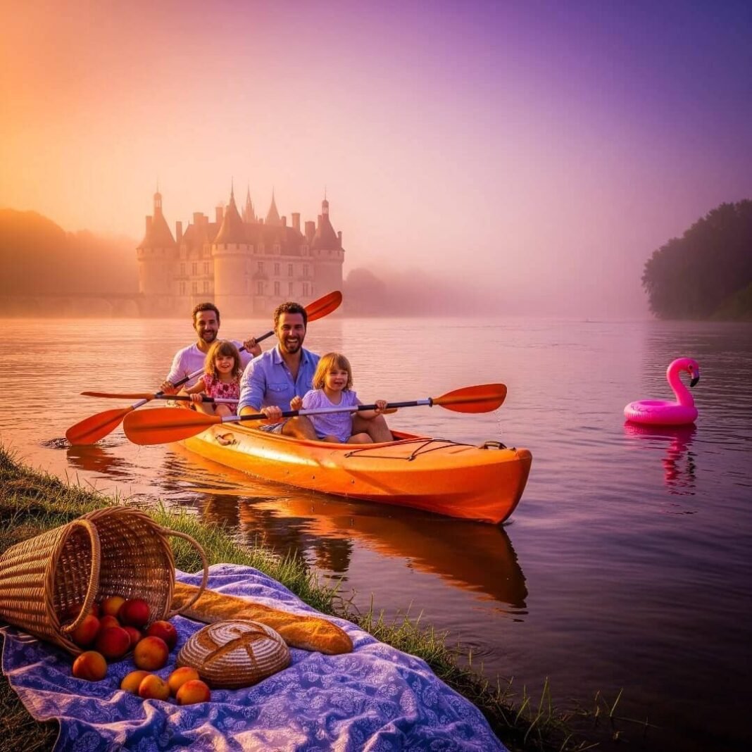 A joyful family in a kayak on the Loire River with a chateau and a flamingo floatie.
