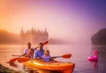 Family-Friendly Loire Kayaking Trips in France A joyful family in a kayak on the Loire River with a chateau and a flamingo floatie.