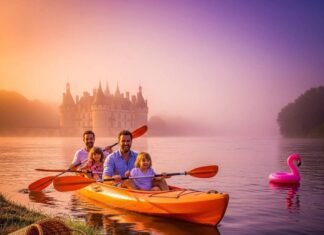 Family-Friendly Loire Kayaking Trips in France A joyful family in a kayak on the Loire River with a chateau and a flamingo floatie.