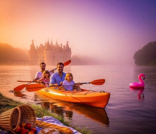 Family-Friendly Loire Kayaking Trips in France A joyful family in a kayak on the Loire River with a chateau and a flamingo floatie.
