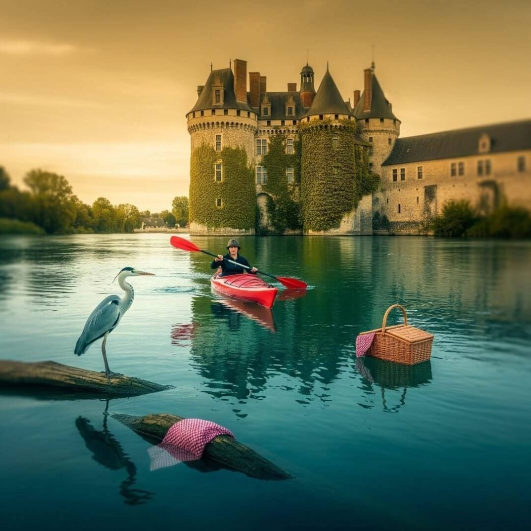 Kayaker, heron, and picnic basket with a castle in the background.