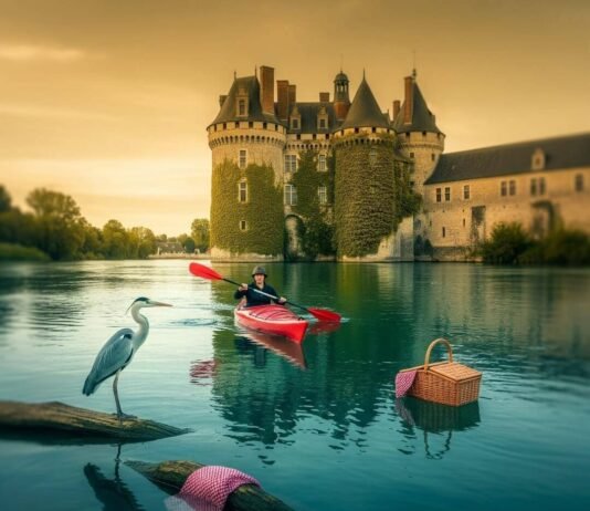 Loire Kayaking Adventure: Castles, Wildlife & Fun Kayaker, heron, and picnic basket with a castle in the background.