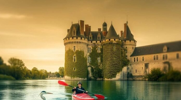 Loire Kayaking Adventure: Castles, Wildlife & Fun Kayaker, heron, and picnic basket with a castle in the background.