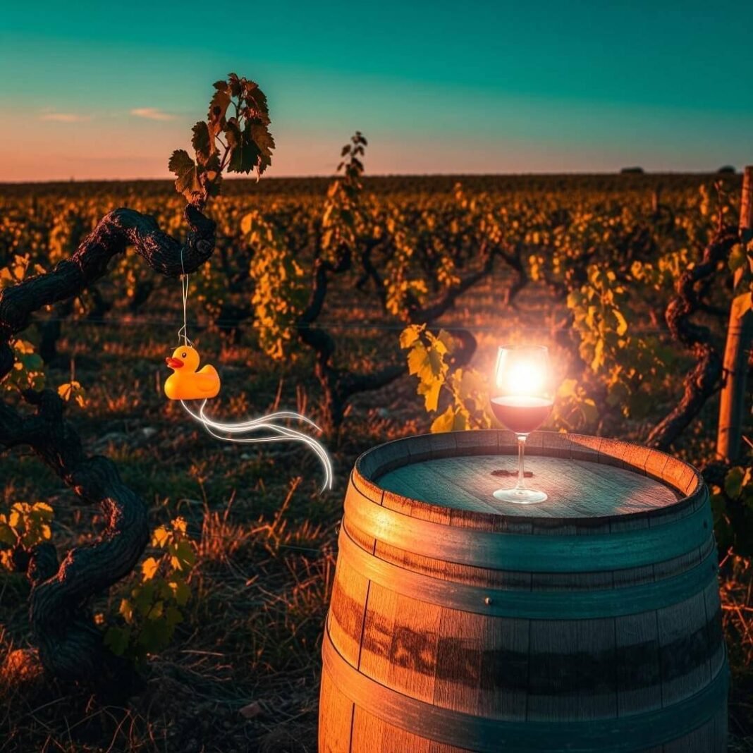 A glowing glass of wine on a barrel.