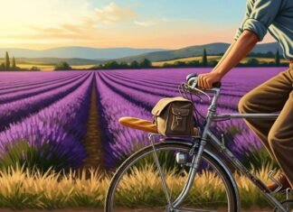 Cycling France: The 10 Best Routes to Explore Vintage digital painting: cycling through lavender fields with a baguette.