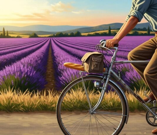 Cycling France: The 10 Best Routes to Explore Vintage digital painting: cycling through lavender fields with a baguette.