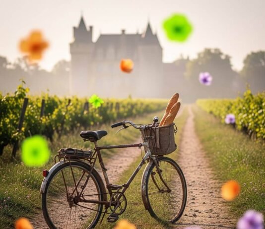 A Beginner’s Guide to Cycling Across France Janky bike with baguette on a vineyard path, chateau in background, floating wildflowers.
