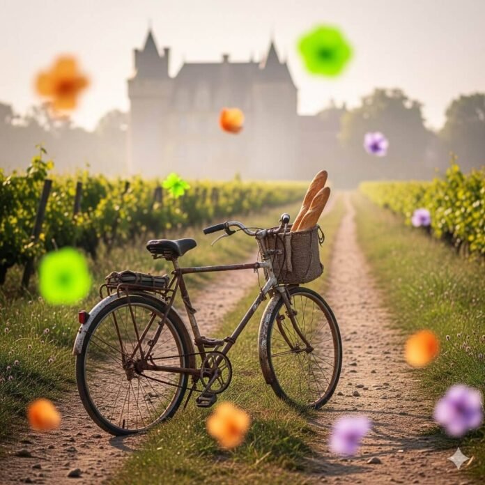 Janky bike with baguette on a vineyard path, chateau in background, floating wildflowers.