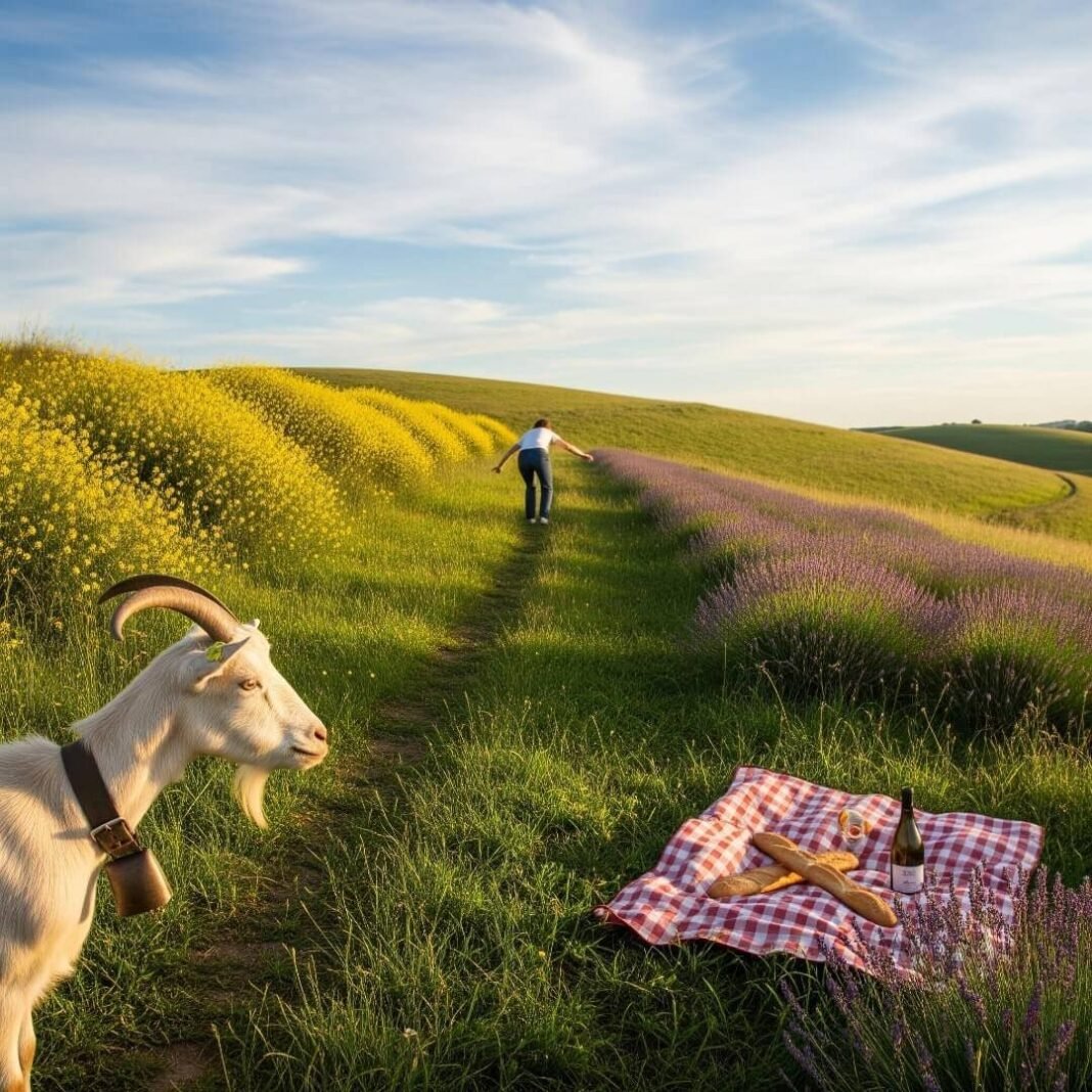 A person struggles up a hill, a goat watches, and a picnic blanket.