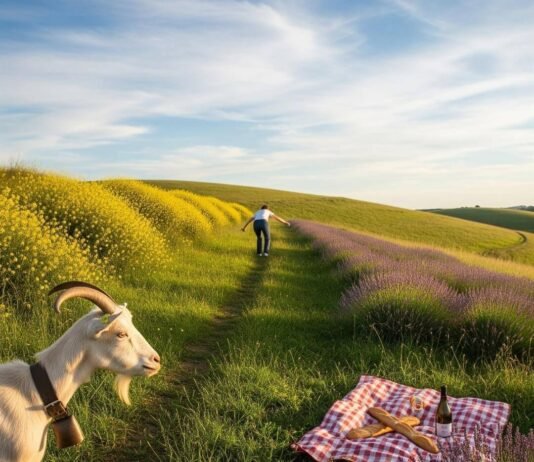 Tour de France Routes You Can Ride Yourself A person struggles up a hill, a goat watches, and a picnic blanket.