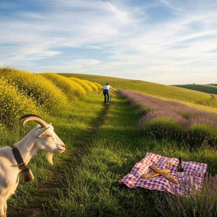 A person struggles up a hill, a goat watches, and a picnic blanket.