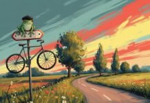 Cycling France Safely: Best Tips for Tourists French road, bike sign, frog in beret, baguettes in ditch, vibrant colors.