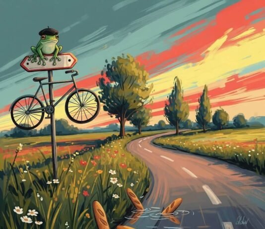 Cycling France Safely: Best Tips for Tourists French road, bike sign, frog in beret, baguettes in ditch, vibrant colors.