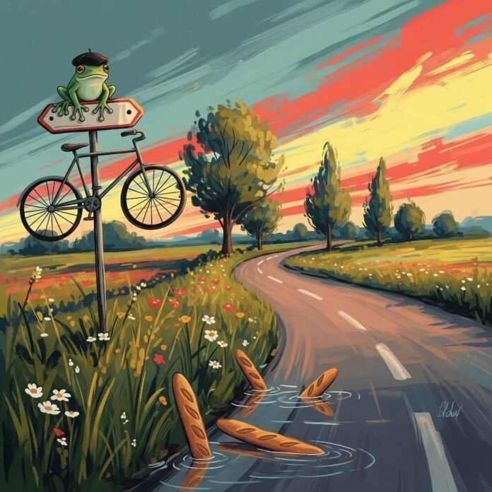 French road, bike sign, frog in beret, baguettes in ditch, vibrant colors.