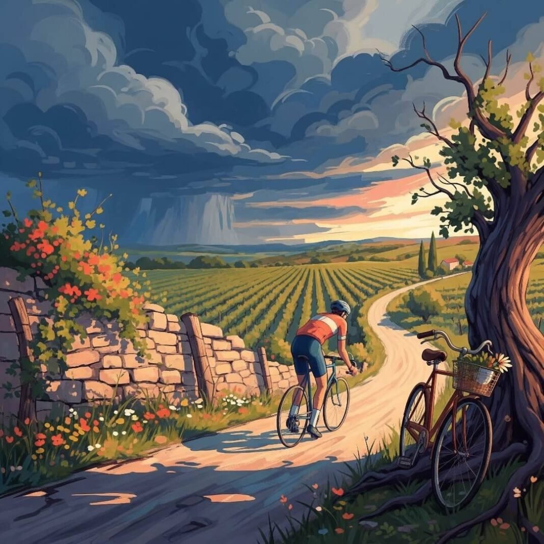 Impressionistic digital painting: cyclist on a winding road, vineyard, stormy sky.