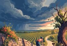 Cycling France vs Italy: Which Is More Scenic? Impressionistic digital painting: cyclist on a winding road, vineyard, stormy sky.