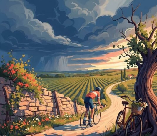 Cycling France vs Italy: Which Is More Scenic? Impressionistic digital painting: cyclist on a winding road, vineyard, stormy sky.