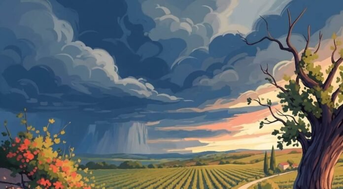 Cycling France vs Italy: Which Is More Scenic? Impressionistic digital painting: cyclist on a winding road, vineyard, stormy sky.