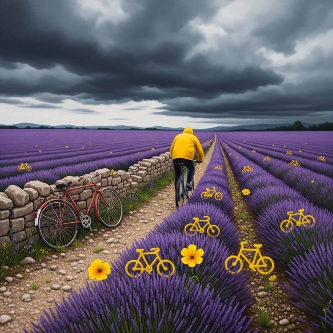 Cyclist in yellow raincoat on gravel path through lavender field.