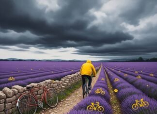 Cycling France’s Hidden Trails Locals Love Cyclist in yellow raincoat on gravel path through lavender field.