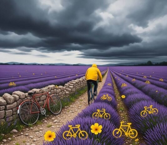 Cycling France’s Hidden Trails Locals Love Cyclist in yellow raincoat on gravel path through lavender field.