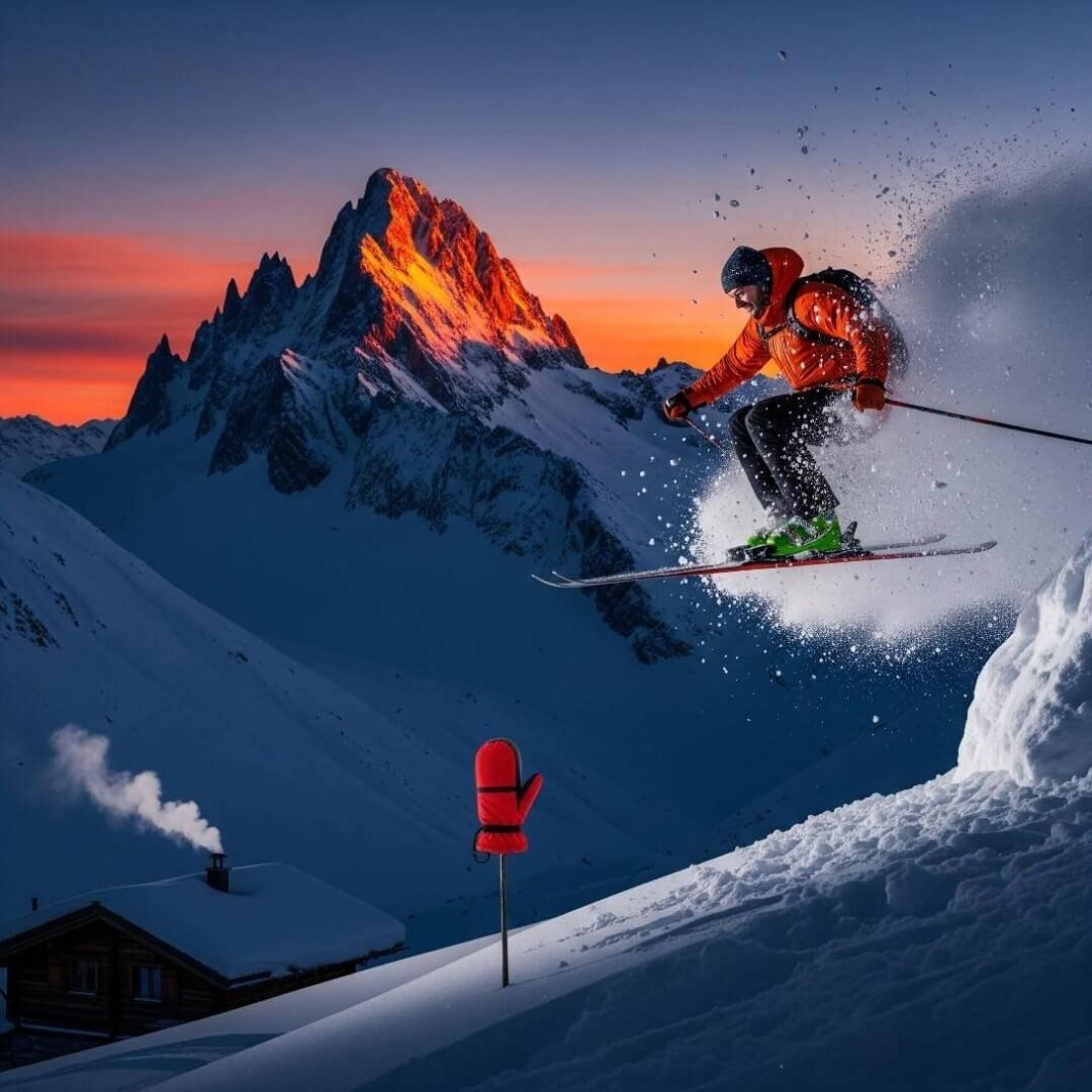 Skier mid-jump with snow flying, a red mitten on a ski pole.