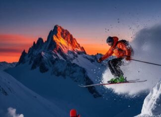 Skiing the French Alps: Best Resorts in 2025 Skier mid-jump with snow flying, a red mitten on a ski pole.