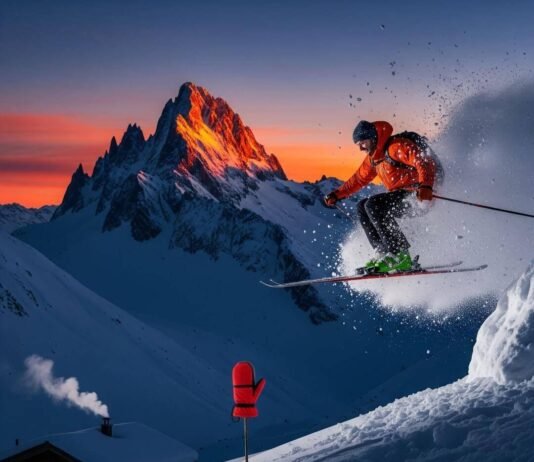 Skiing the French Alps: Best Resorts in 2025 Skier mid-jump with snow flying, a red mitten on a ski pole.