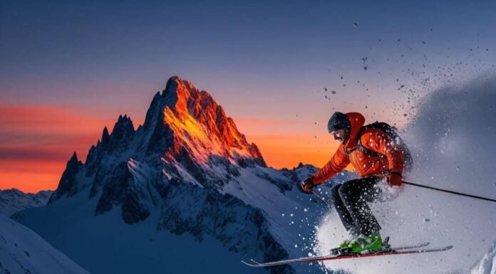 Skiing the French Alps: Best Resorts in 2025 Skier mid-jump with snow flying, a red mitten on a ski pole.