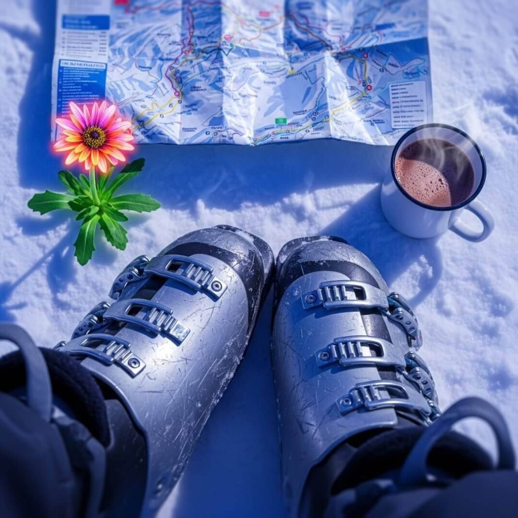 Scratched ski boots, crumpled map, hot cocoa, and an alpine flower in snow.