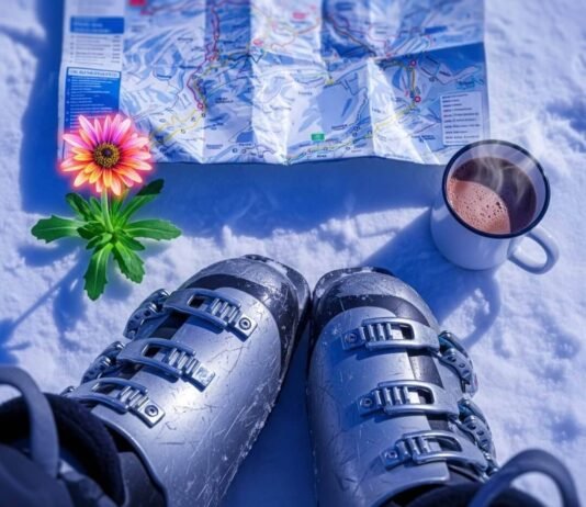 The Ultimate Skiing Alps Guide for Beginners Scratched ski boots, crumpled map, hot cocoa, and an alpine flower in snow.