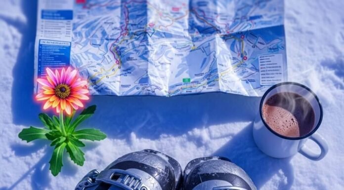 The Ultimate Skiing Alps Guide for Beginners Scratched ski boots, crumpled map, hot cocoa, and an alpine flower in snow.