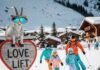 Family-Friendly Skiing Alps Resorts to Try A quirky ski scene with a goggle-wearing goat and a heart-shaped sign.