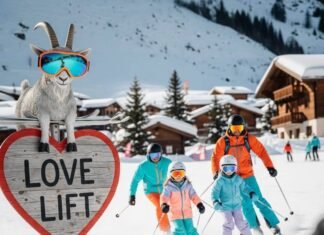 Family-Friendly Skiing Alps Resorts to Try A quirky ski scene with a goggle-wearing goat and a heart-shaped sign.