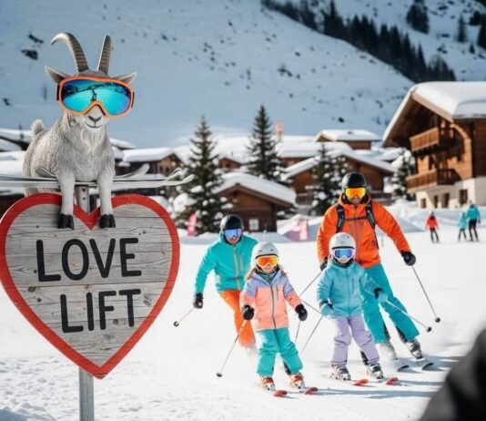 Family-Friendly Skiing Alps Resorts to Try A quirky ski scene with a goggle-wearing goat and a heart-shaped sign.
