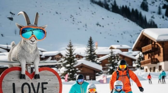 Family-Friendly Skiing Alps Resorts to Try A quirky ski scene with a goggle-wearing goat and a heart-shaped sign.