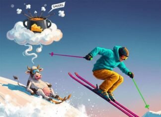 French Alps vs Swiss Alps: Which Skiing Is Better? An illustration of a skier and a cow on a snowy slope.